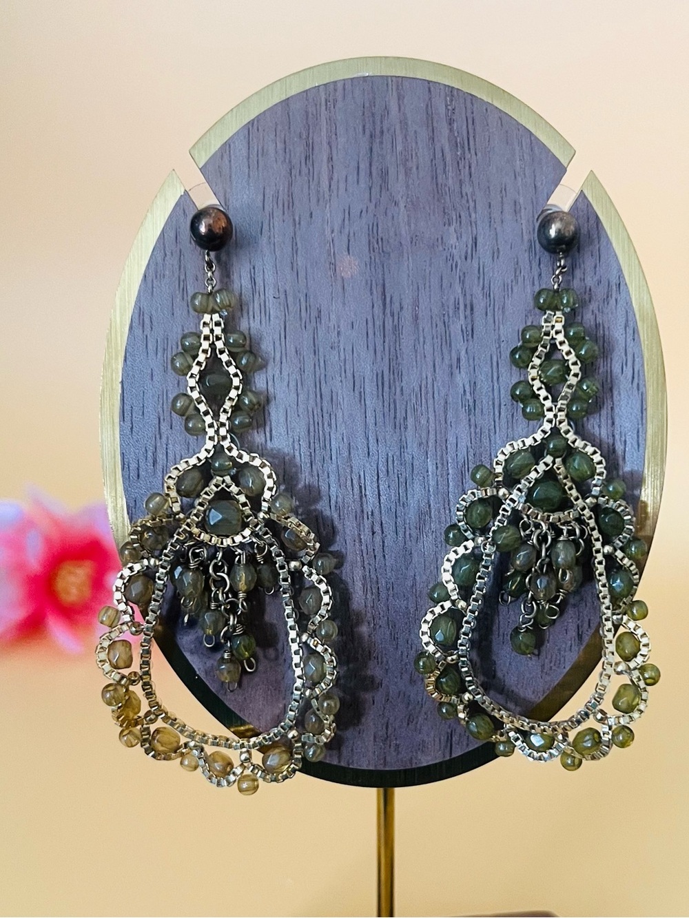 Long green and gold tone beaded gypsy earrings